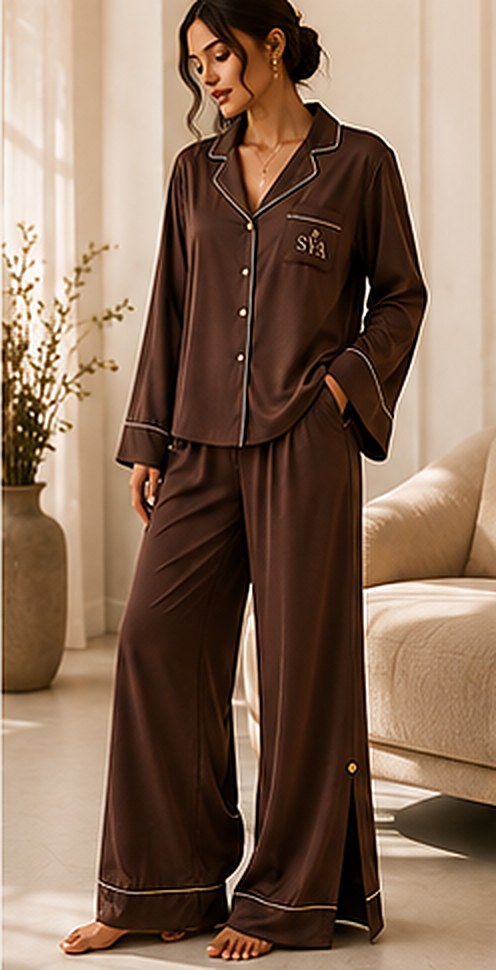 The SYA Signature Set in Cocoa, a rich warm brown notch collar shirt and wide-leg pant.
